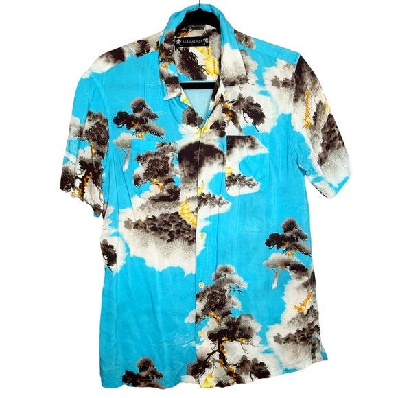ALLSAINTS Hida Birdseye View Japanese Landscapes Shirt Men's Small Blue - Picture 1 of 5